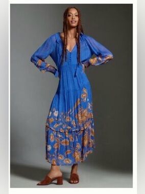 Beautiful Anthropologie Maeve Blue Floral Tiered Maxi Dress - Women's